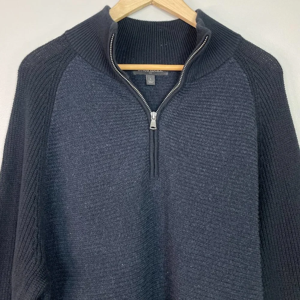 Banana Republic Sweater Large Black Navy Blue 1/4-Zip Pullover Cotton Blend Mens